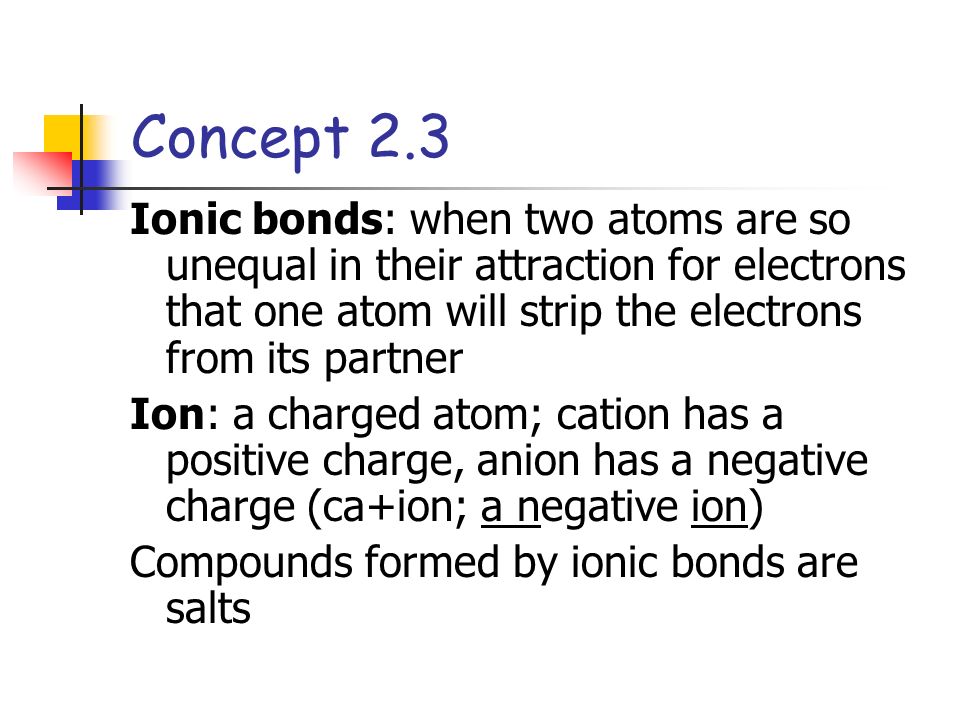 Ionic bonds: when two atoms are so unequal in their attraction for electrons that one atom will strip the electrons from its partner Ion: a charged atom; cation has a positive charge, anion has a negative charge (ca+ion; a negative ion) Compounds formed by ionic bonds are salts