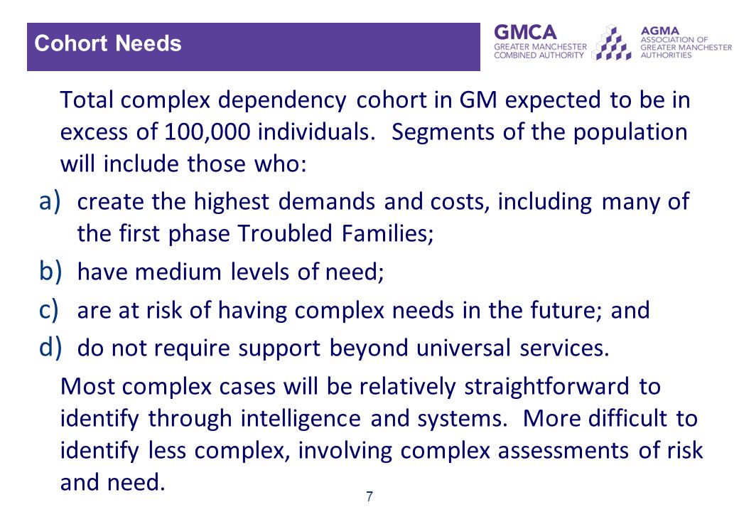 7 Cohort Needs Total complex dependency cohort in GM expected to be in excess of 100,000 individuals.