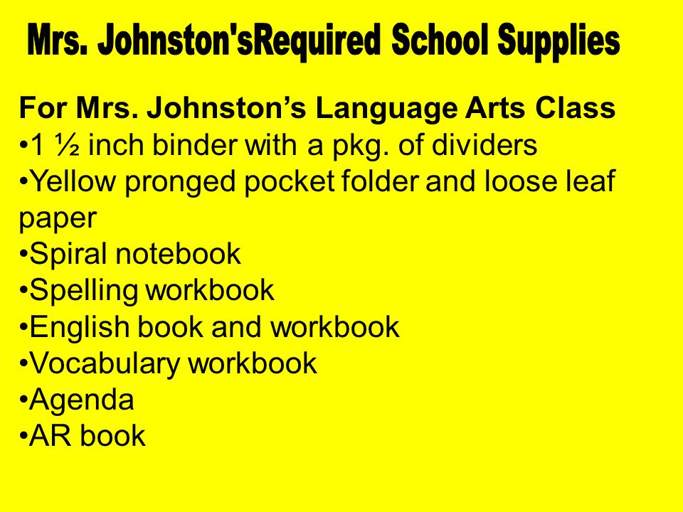 Materials For Reading Class Orange pronged pocket folder Agenda Loose leaf paper AR Book Spiral notebook Pencils and pens Reading book and workbook Agenda For all of Mrs.