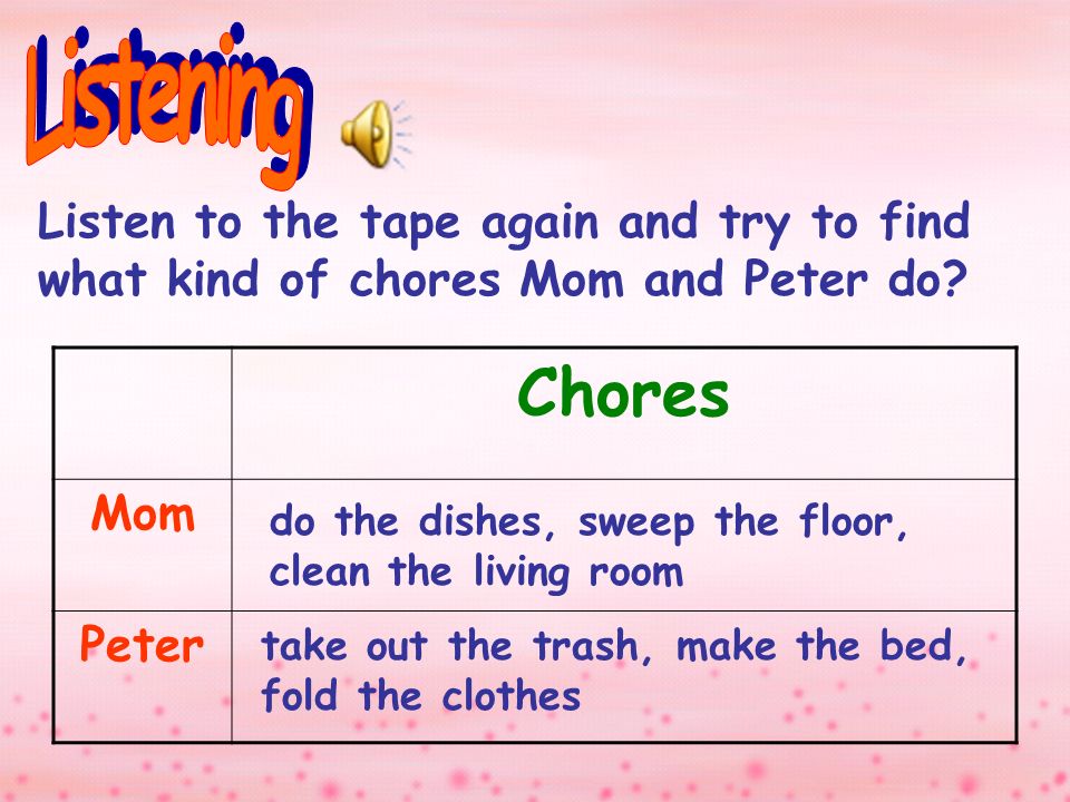 Listen to the tape again and try to find what kind of chores Mom and Peter do.