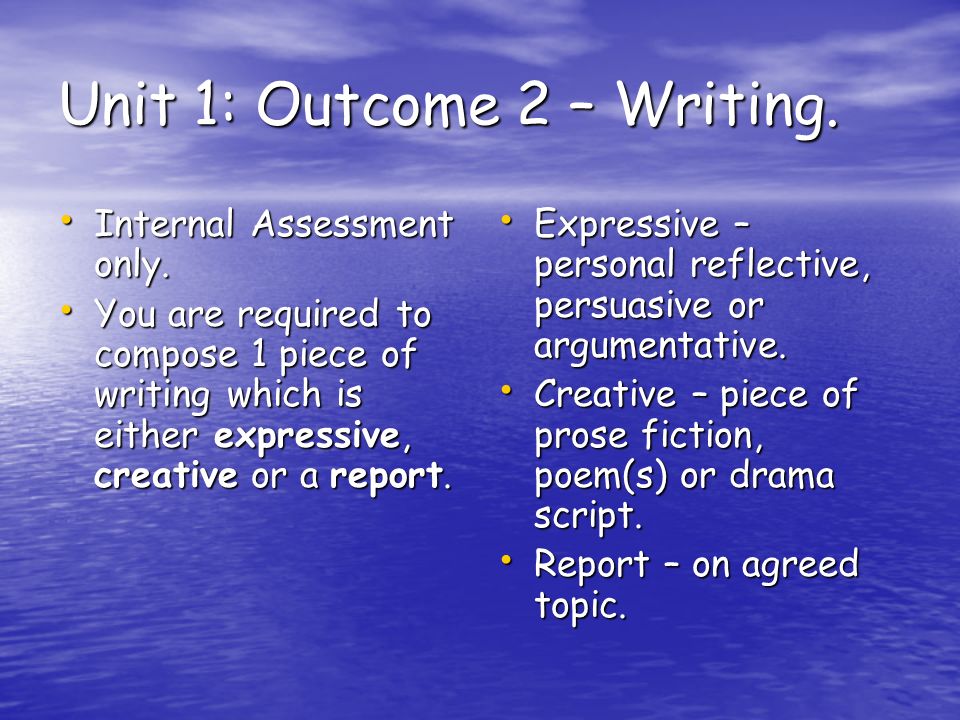 Unit 1: Outcome 2 – Writing. Internal Assessment only.