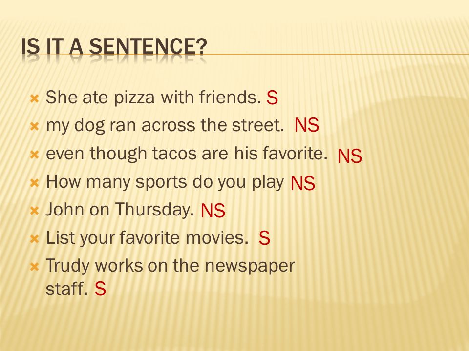  She ate pizza with friends.  my dog ran across the street.