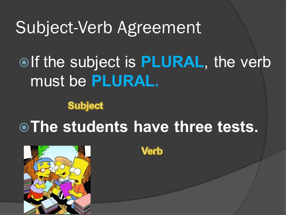 Subject-Verb Agreement  If the subject is PLURAL, the verb must be PLURAL.