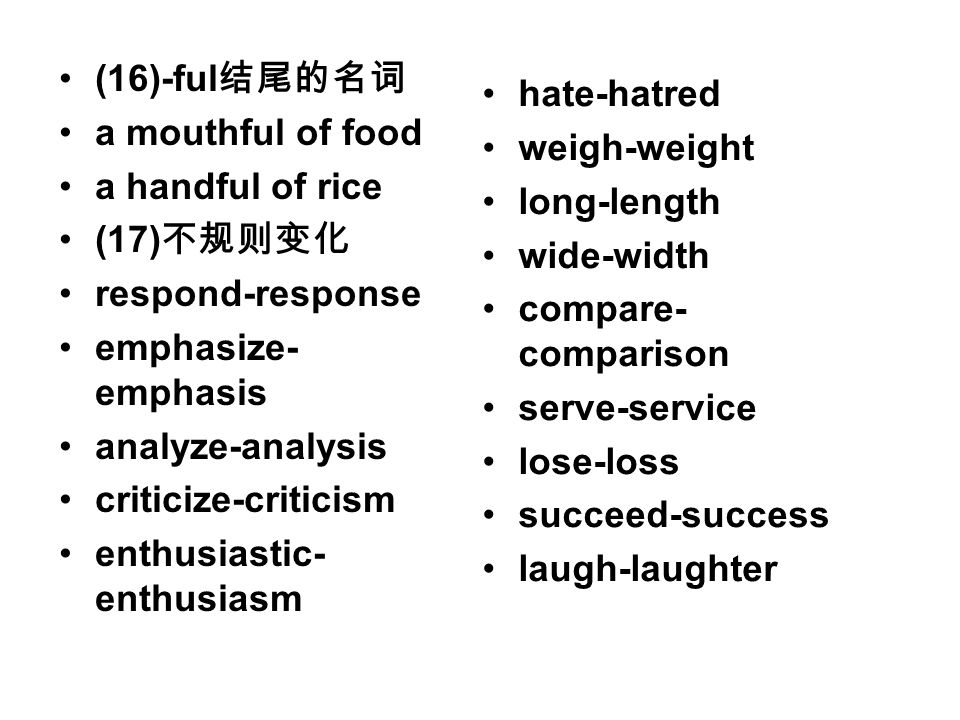 (16)-ful 结尾的名词 a mouthful of food a handful of rice (17) 不规则变化 respond-response emphasize- emphasis analyze-analysis criticize-criticism enthusiastic- enthusiasm hate-hatred weigh-weight long-length wide-width compare- comparison serve-service lose-loss succeed-success laugh-laughter