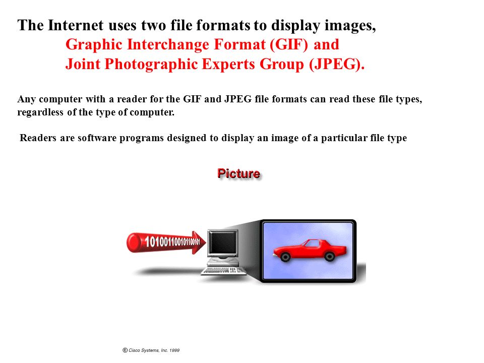 The Internet uses two file formats to display images, Graphic Interchange Format (GIF) and Joint Photographic Experts Group (JPEG).