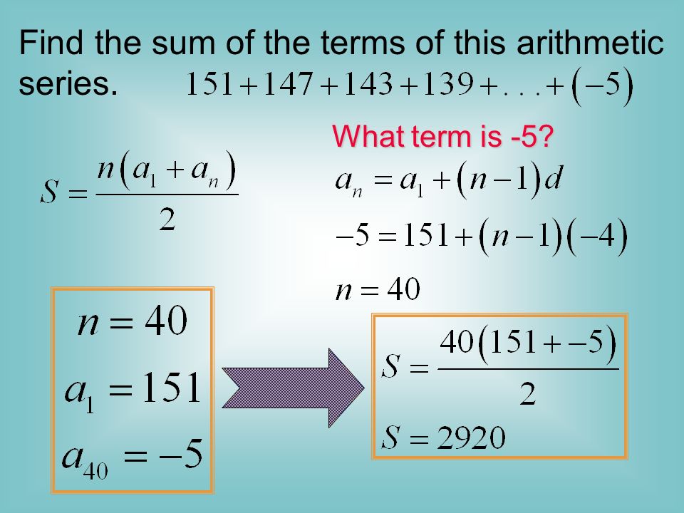 Find the sum of the terms of this arithmetic series.