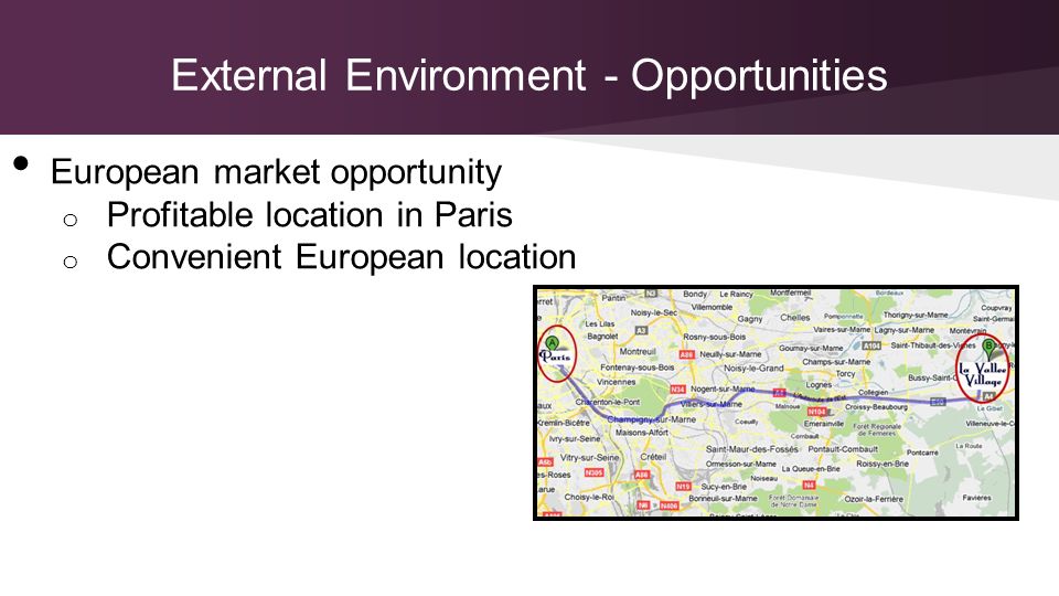 External Environment - Opportunities European market opportunity o Profitable location in Paris o Convenient European location