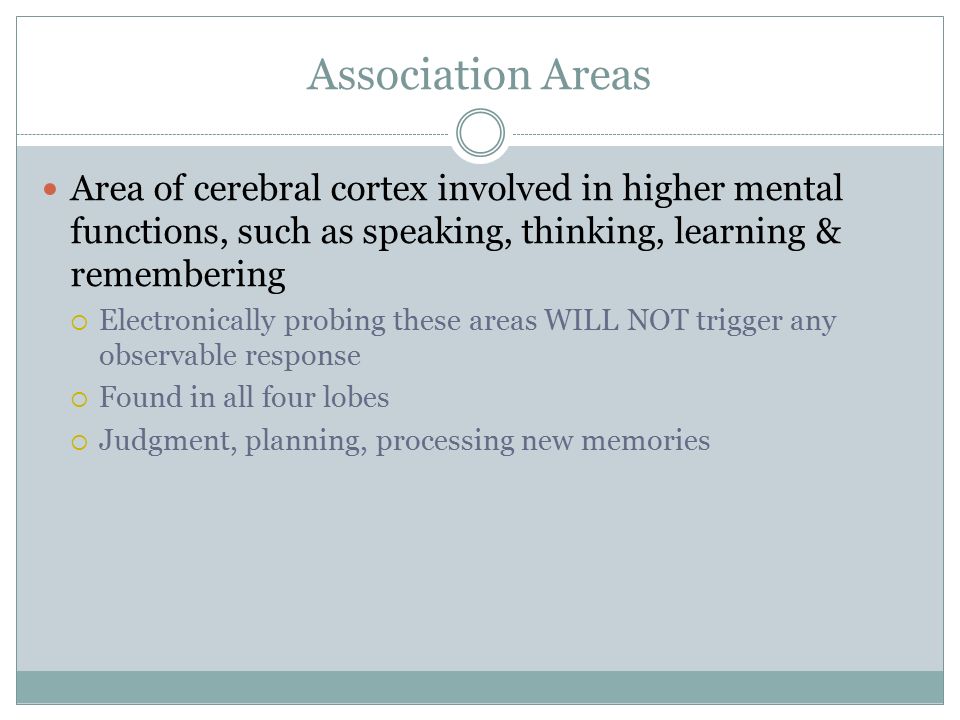 Association Areas Area of cerebral cortex involved in higher mental functions, such as speaking, thinking, learning & remembering  Electronically probing these areas WILL NOT trigger any observable response  Found in all four lobes  Judgment, planning, processing new memories