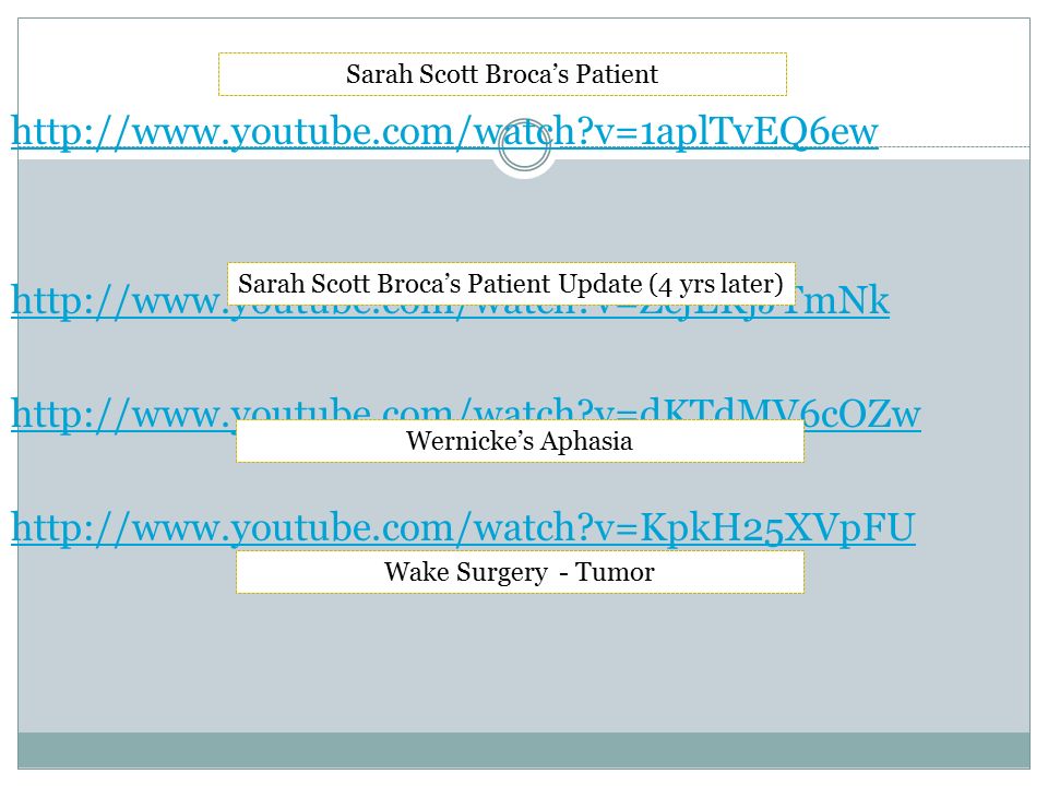 v=1aplTvEQ6ew   v=ZcjEKjJTmNk   v=dKTdMV6cOZw   v=KpkH25XVpFU Sarah Scott Broca’s Patient Sarah Scott Broca’s Patient Update (4 yrs later) Wake Surgery - Tumor Wernicke’s Aphasia