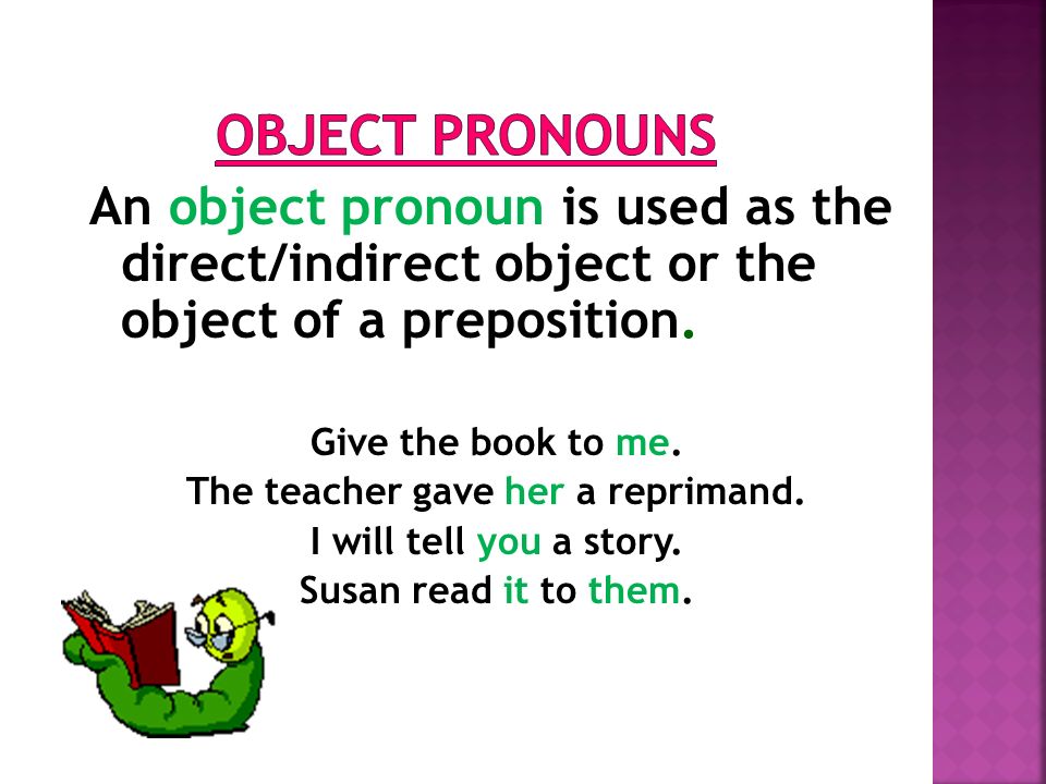 An object pronoun is used as the direct/indirect object or the object of a preposition.
