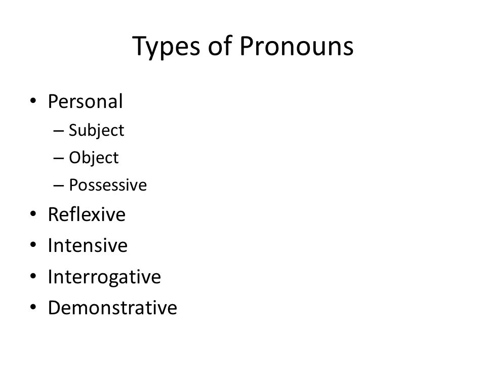 Types of Pronouns Personal – Subject – Object – Possessive Reflexive Intensive Interrogative Demonstrative