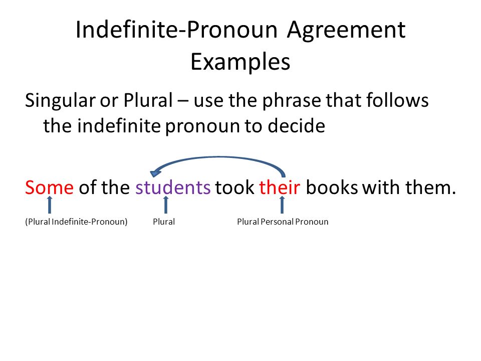 Indefinite-Pronoun Agreement Examples Singular or Plural – use the phrase that follows the indefinite pronoun to decide Some of the students took their books with them.
