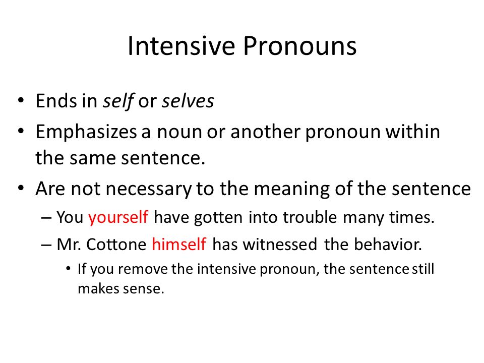 Intensive Pronouns Ends in self or selves Emphasizes a noun or another pronoun within the same sentence.