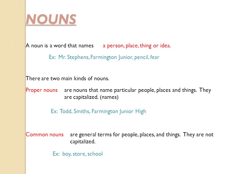 NOUNS A noun is a word that namesa person, place, thing or idea.