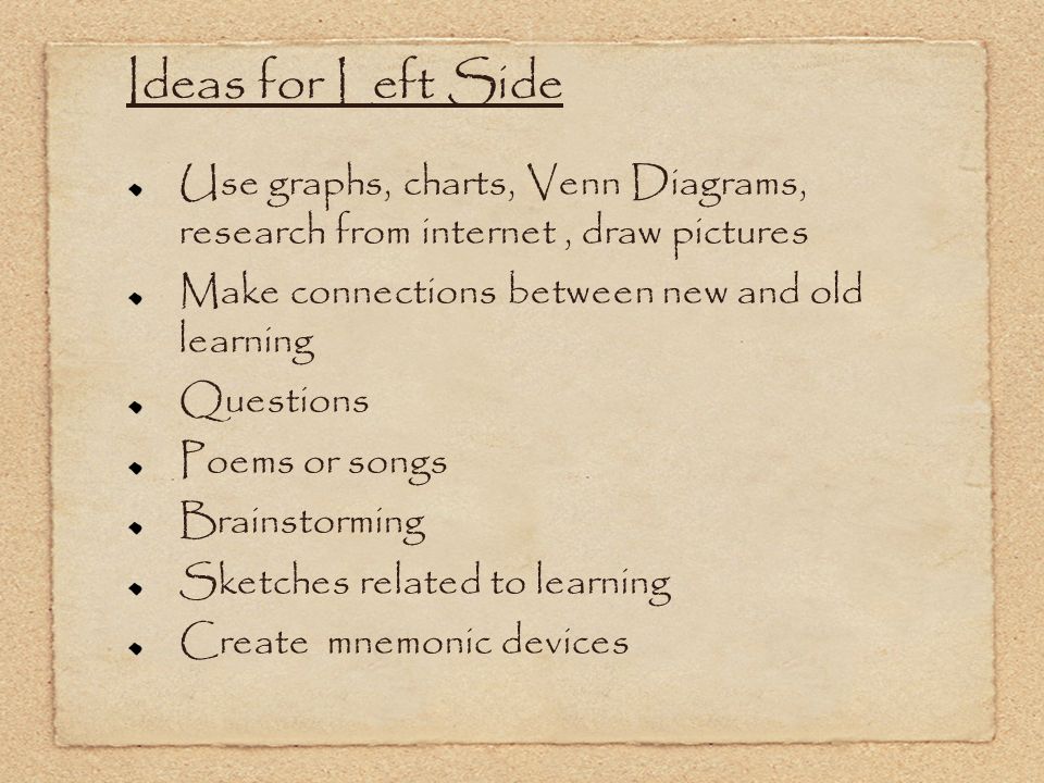 Ideas for Left Side Use graphs, charts, Venn Diagrams, research from internet, draw pictures Make connections between new and old learning Questions Poems or songs Brainstorming Sketches related to learning Create mnemonic devices