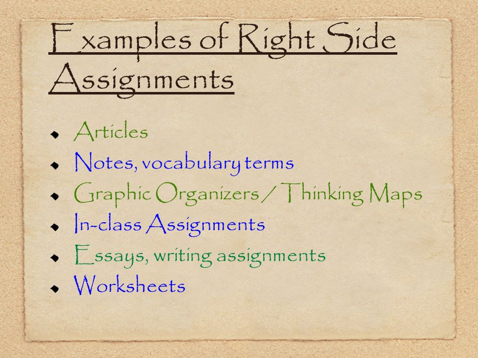 Examples of Right Side Assignments Articles Notes, vocabulary terms Graphic Organizers / Thinking Maps In-class Assignments Essays, writing assignments Worksheets