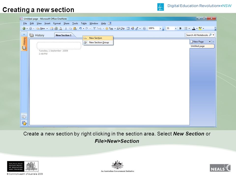 © Commonwealth of Australia 2009 Creating a new section Create a new section by right clicking in the section area.