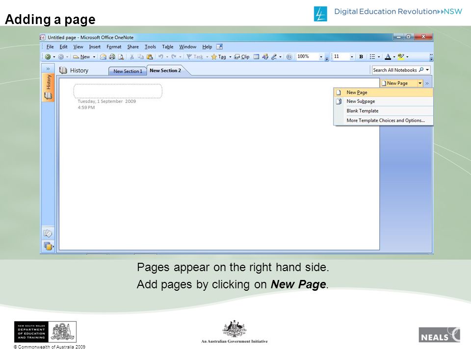 © Commonwealth of Australia 2009 Adding a page Pages appear on the right hand side.