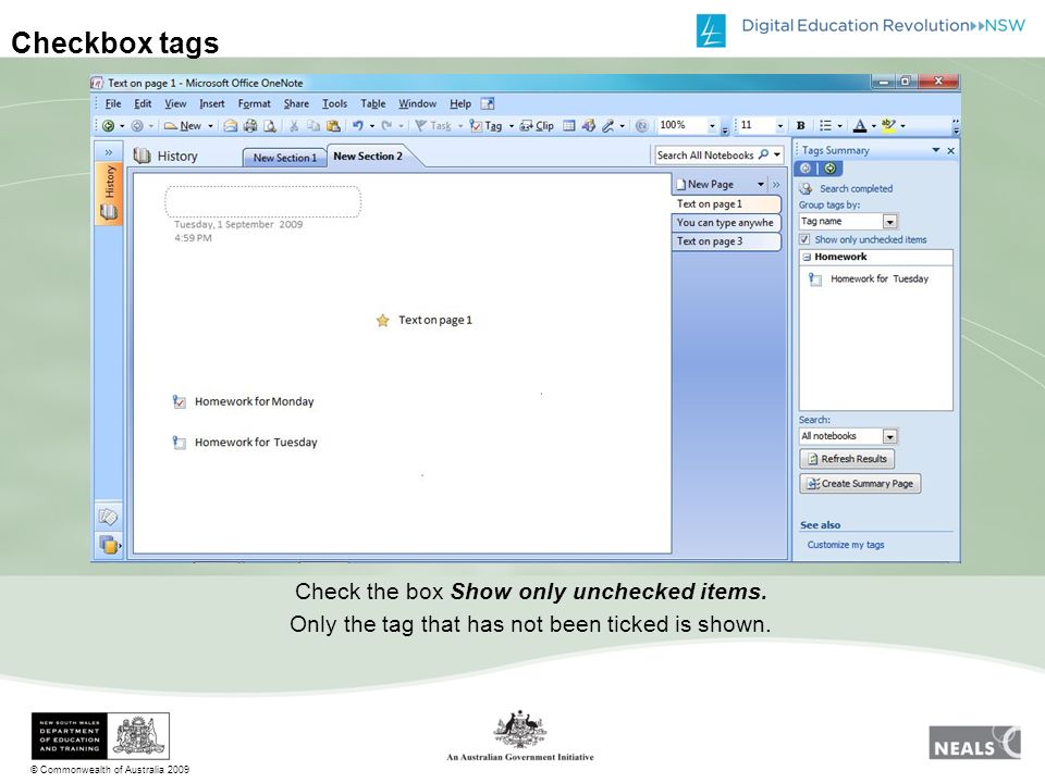 © Commonwealth of Australia 2009 Checkbox tags Check the box Show only unchecked items.