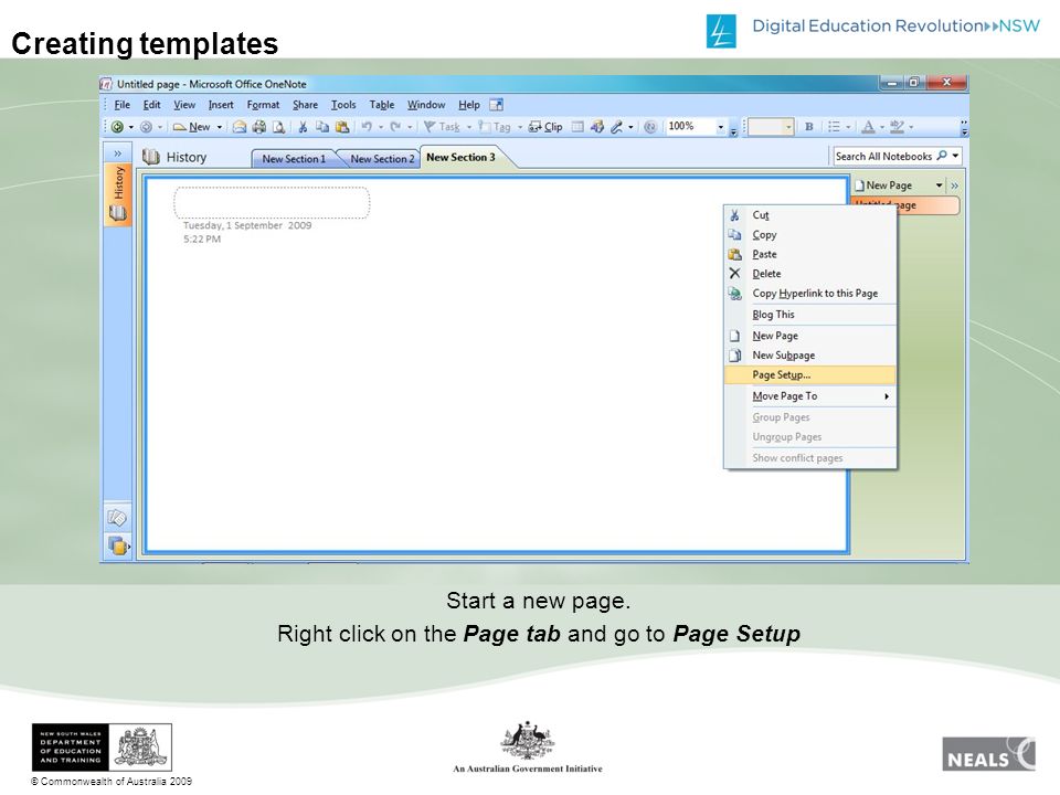 © Commonwealth of Australia 2009 Creating templates Start a new page.