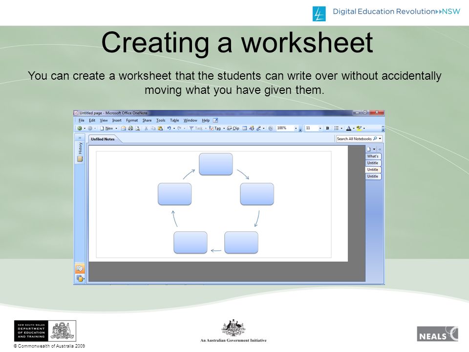 © Commonwealth of Australia 2009 Creating a worksheet You can create a worksheet that the students can write over without accidentally moving what you have given them.