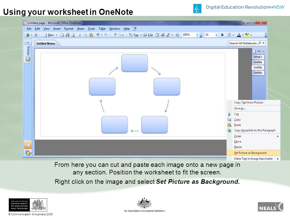© Commonwealth of Australia 2009 Using your worksheet in OneNote From here you can cut and paste each image onto a new page in any section.