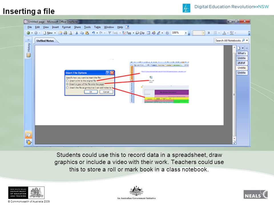 © Commonwealth of Australia 2009 Inserting a file Students could use this to record data in a spreadsheet, draw graphics or include a video with their work.