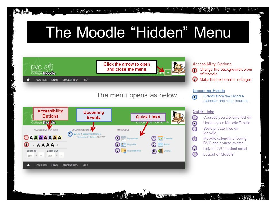 The Moodle Hidden Menu Accessibility Options Upcoming Events Quick Links Accessibility Options 1.Change the background colour of Moodle.