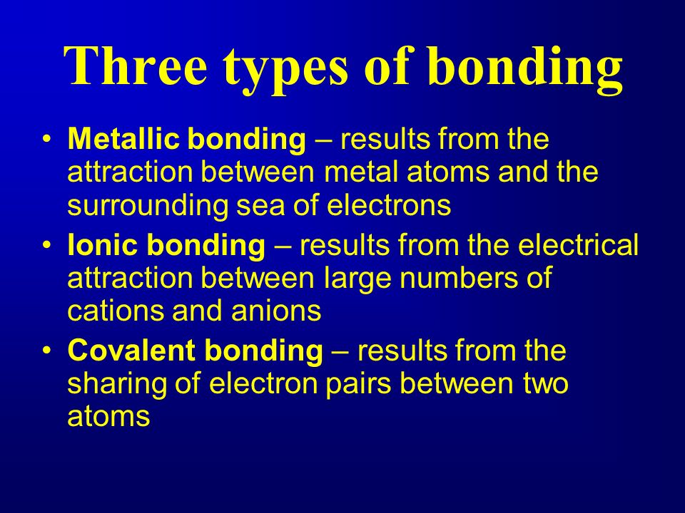 Three types of bonding Metallic bonding – results from the attraction between metal atoms and the surrounding sea of electrons Ionic bonding – results from the electrical attraction between large numbers of cations and anions Covalent bonding – results from the sharing of electron pairs between two atoms