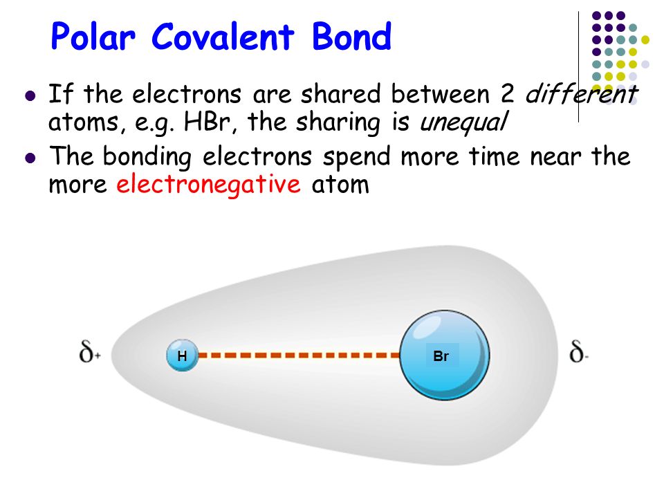 Polar Covalent Bond If the electrons are shared between 2 different atoms, e.g.