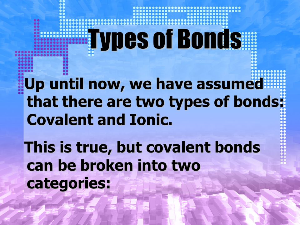 Types of Bonds Up until now, we have assumed that there are two types of bonds: Covalent and Ionic.