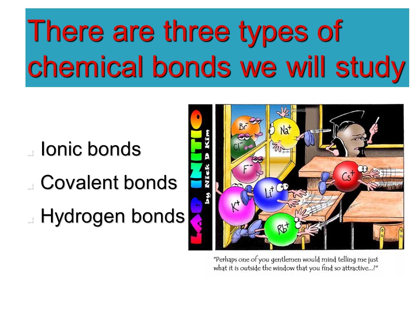 There are three types of chemical bonds we will study Ionic bonds Covalent bonds Hydrogen bonds