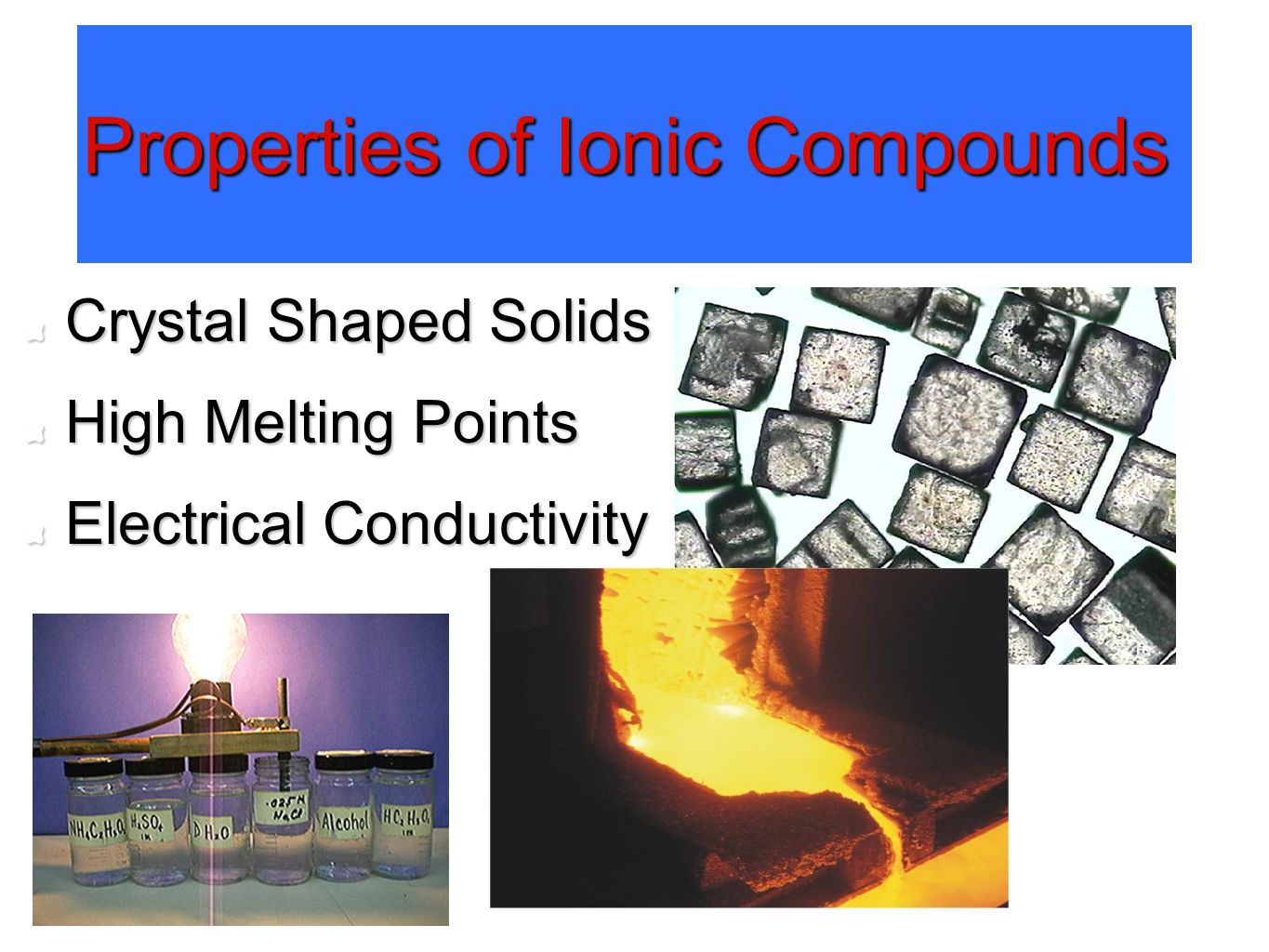 Properties of Ionic Compounds Crystal Shaped Solids High Melting Points Electrical Conductivity