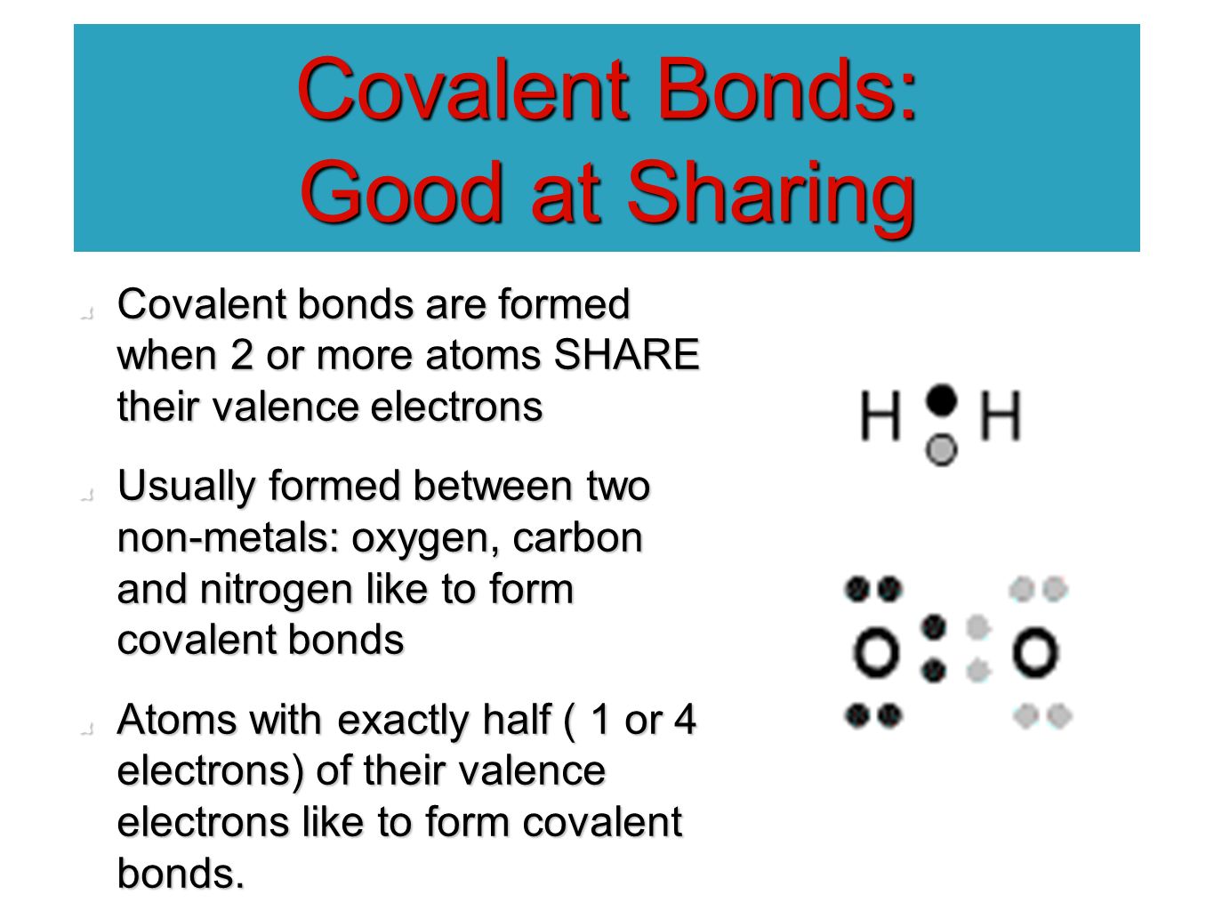 Covalent Bonds: Good at Sharing Covalent bonds are formed when 2 or more atoms SHARE their valence electrons Usually formed between two non-metals: oxygen, carbon and nitrogen like to form covalent bonds Atoms with exactly half ( 1 or 4 electrons) of their valence electrons like to form covalent bonds.