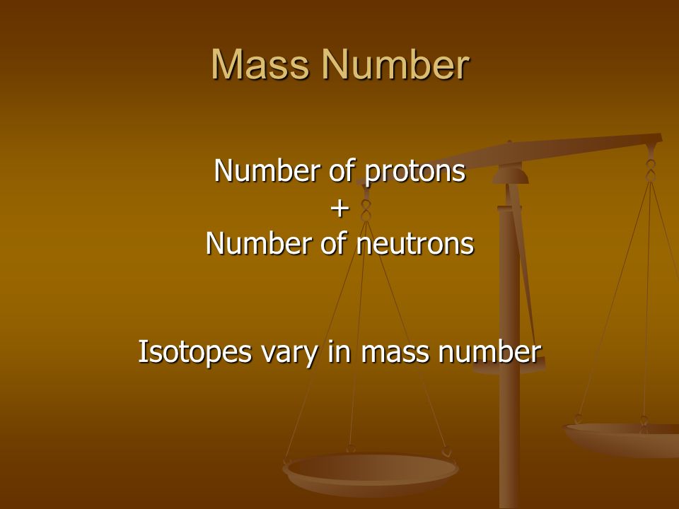 Mass Number Number of protons + Number of neutrons Isotopes vary in mass number