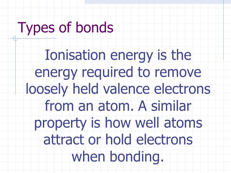 Types of bonds Ionisation energy is the energy required to remove loosely held valence electrons from an atom.
