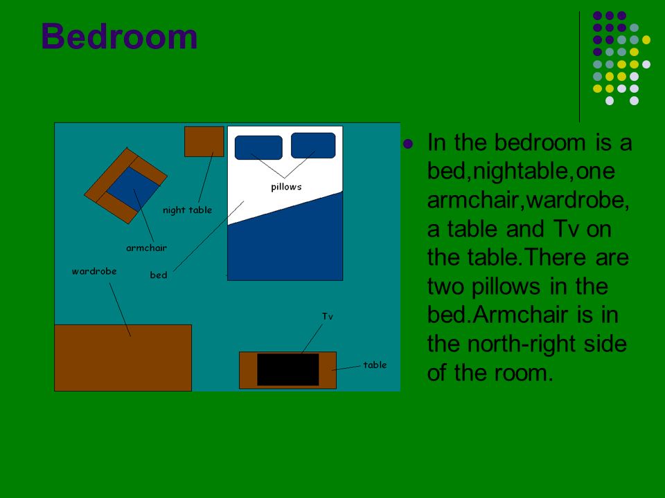 Bedroom In the bedroom is a bed,nightable,one armchair,wardrobe, a table and Tv on the table.There are two pillows in the bed.Armchair is in the north-right side of the room.