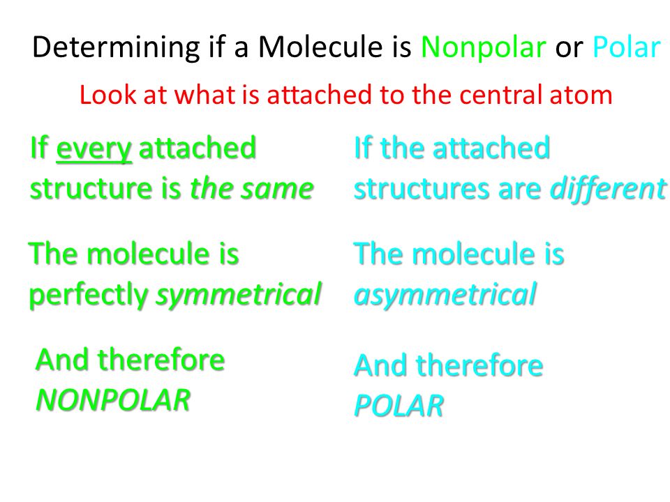 Determining if a Molecule is Nonpolar or Polar Look at what is attached to the central atom If every attached structure is the same The molecule is perfectly symmetrical And therefore NONPOLAR If the attached structures are different The molecule is asymmetrical And therefore POLAR