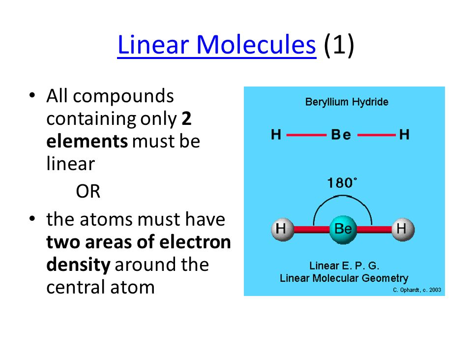 Linear MoleculesLinear Molecules (1) All compounds containing only 2 elements must be linear OR the atoms must have two areas of electron density around the central atom