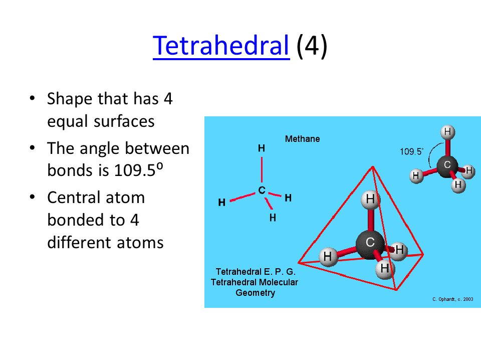 TetrahedralTetrahedral (4) Shape that has 4 equal surfaces The angle between bonds is 109.5⁰ Central atom bonded to 4 different atoms