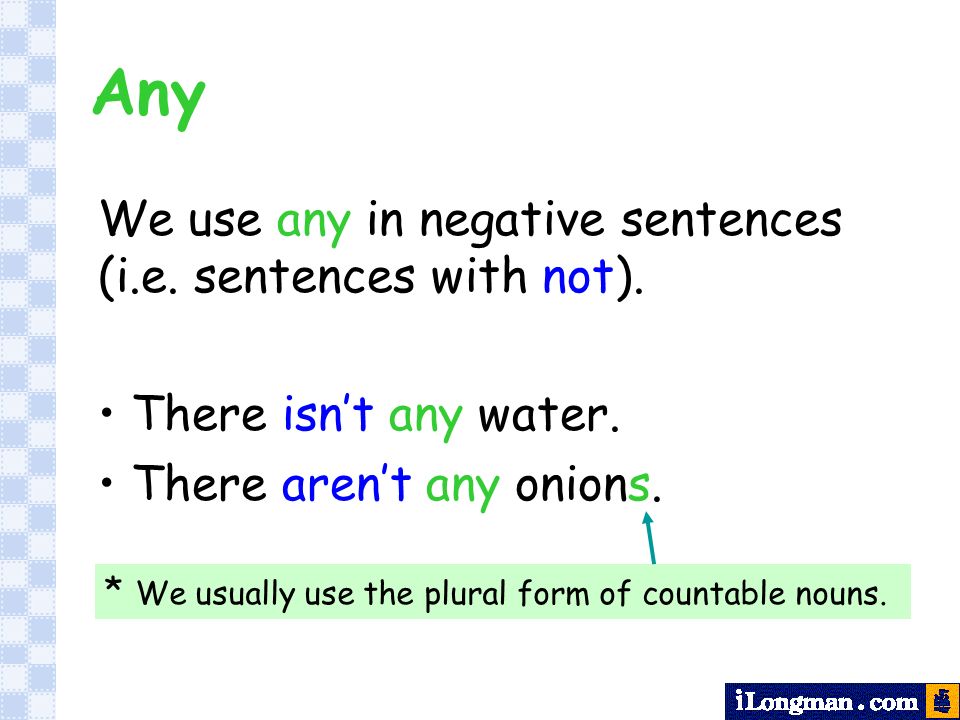 Any We use any in negative sentences (i.e. sentences with not).