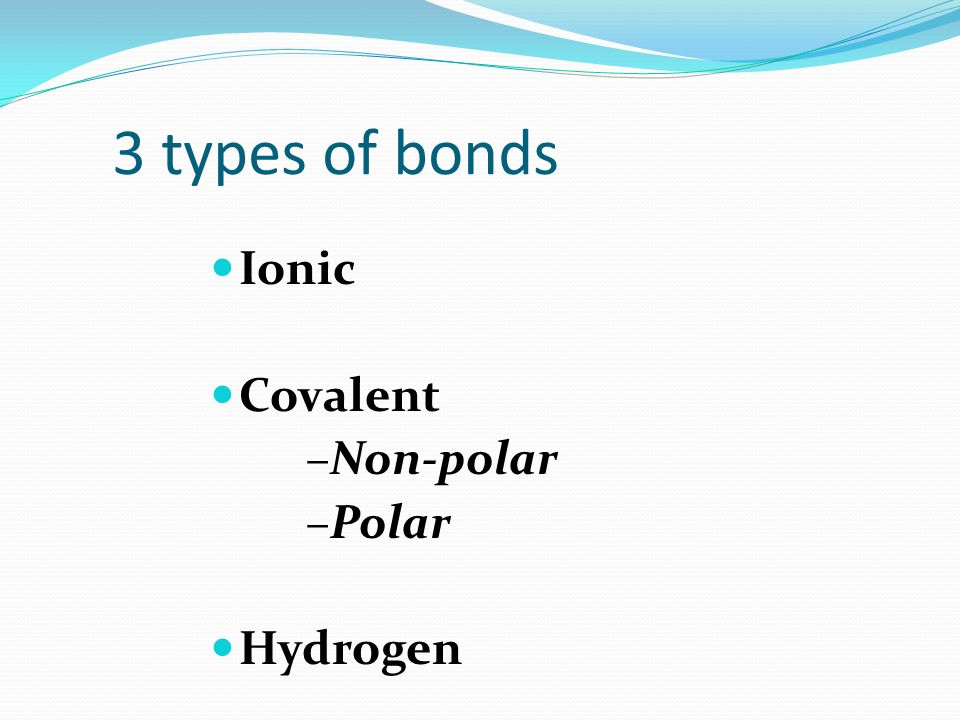 3 types of bonds Ionic Covalent –Non-polar –Polar Hydrogen