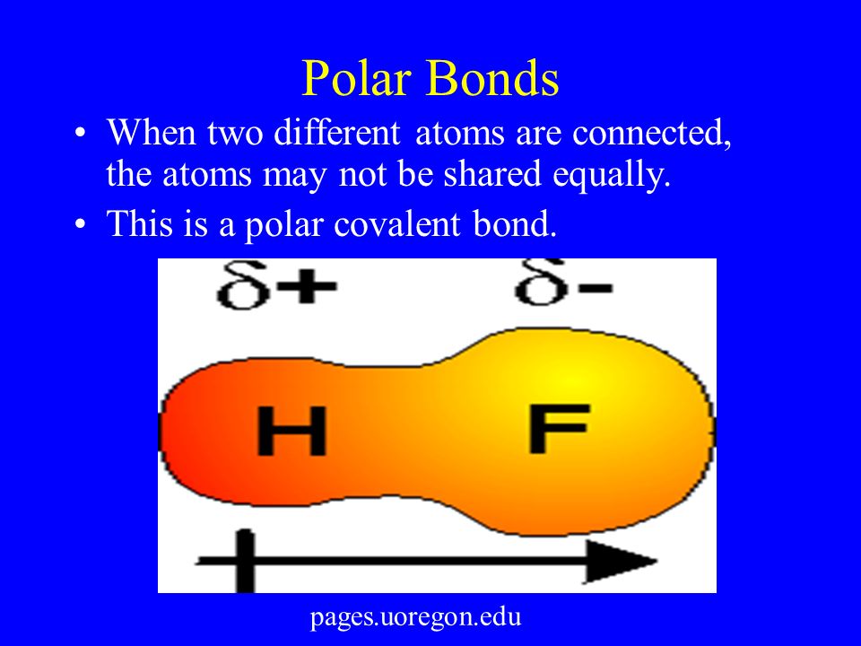 Polar Bonds When two different atoms are connected, the atoms may not be shared equally.