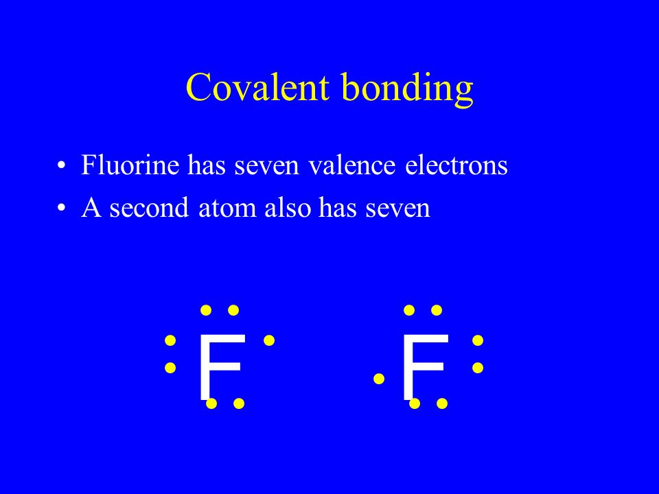 Covalent bonding Fluorine has seven valence electrons A second atom also has seven FF