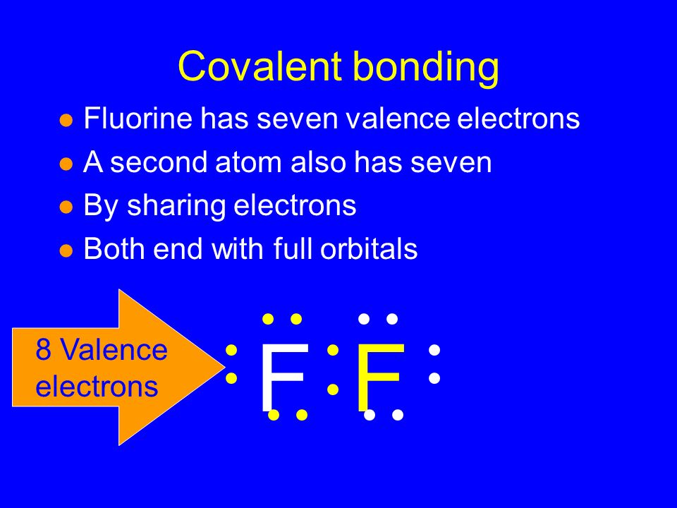 Covalent bonding l Fluorine has seven valence electrons l A second atom also has seven l By sharing electrons l Both end with full orbitals FF 8 Valence electrons