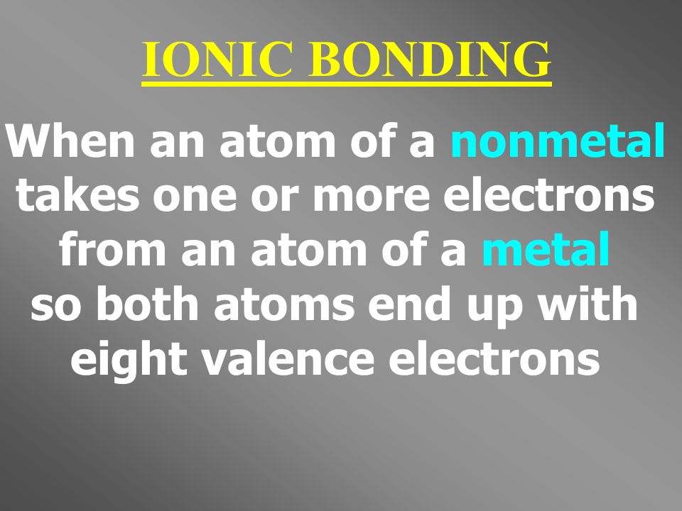 IONIC BONDING When an atom of a nonmetal takes one or more electrons from an atom of a metal so both atoms end up with eight valence electrons