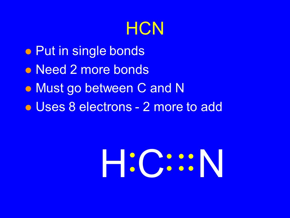 HCN l Put in single bonds l Need 2 more bonds l Must go between C and N l Uses 8 electrons - 2 more to add NHC