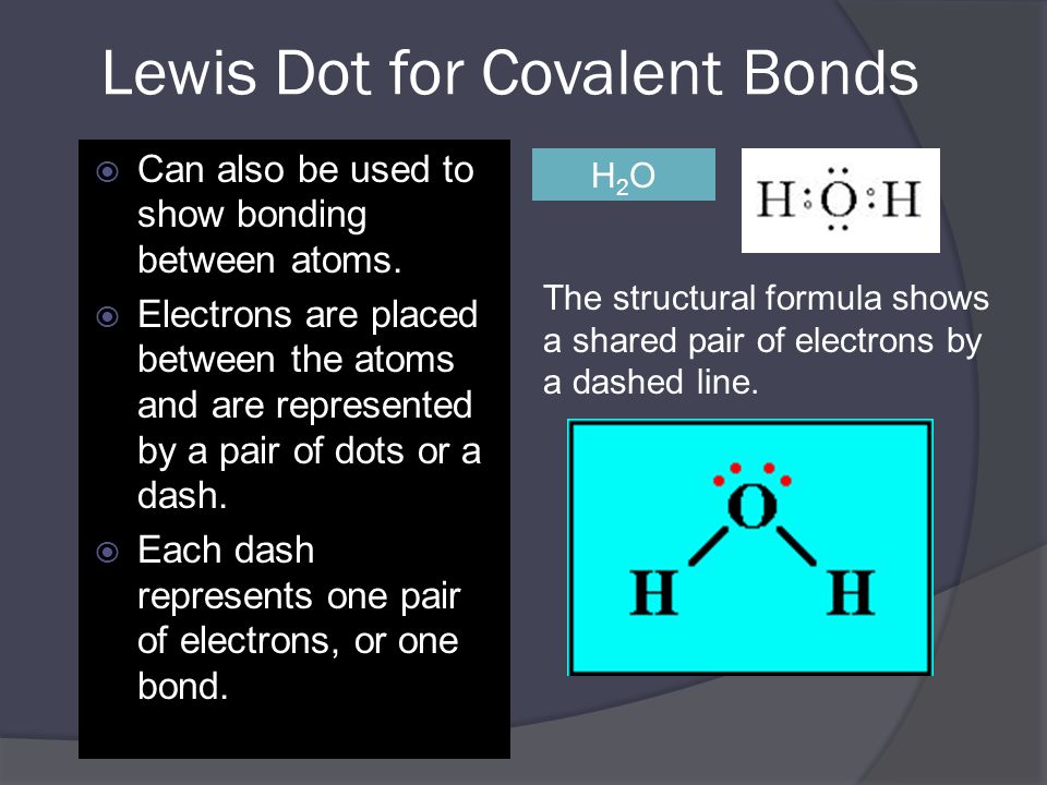 Lewis Dot for Covalent Bonds  Can also be used to show bonding between atoms.