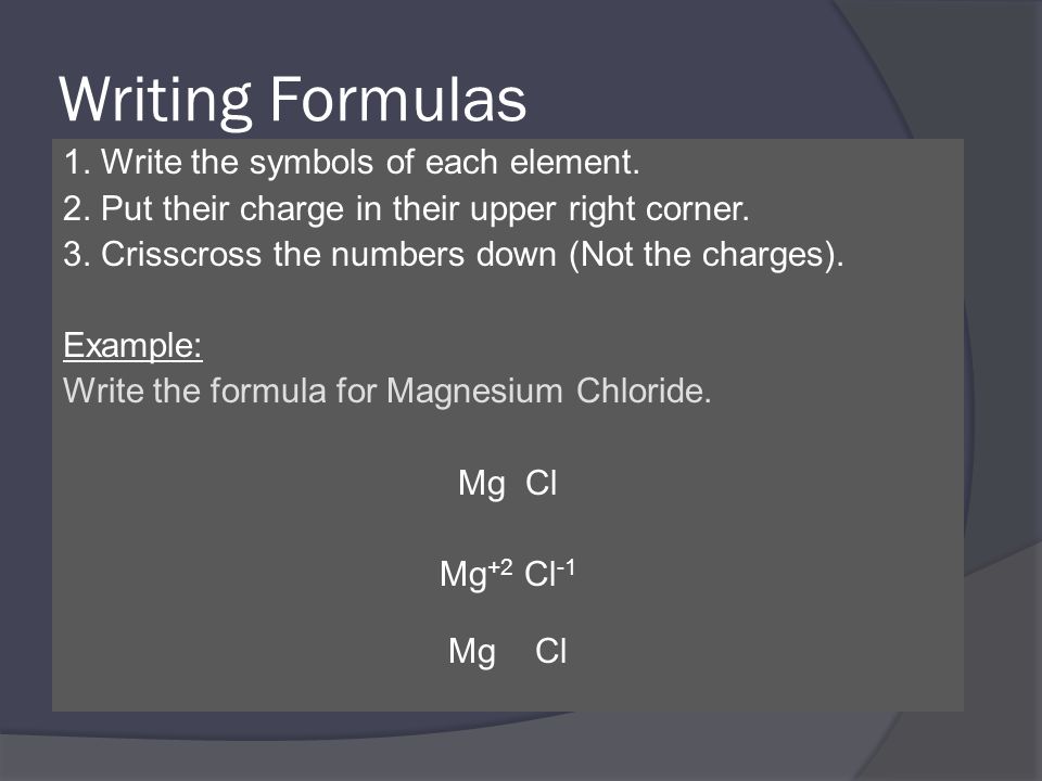 Writing Formulas 1. Write the symbols of each element.