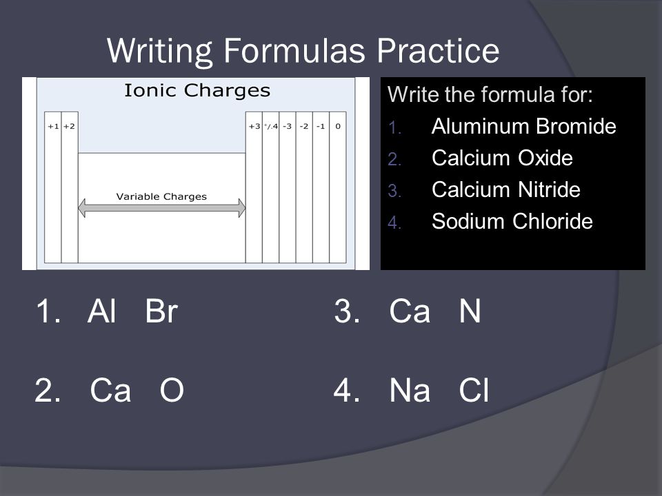 Writing Formulas Practice Write the formula for: 1.